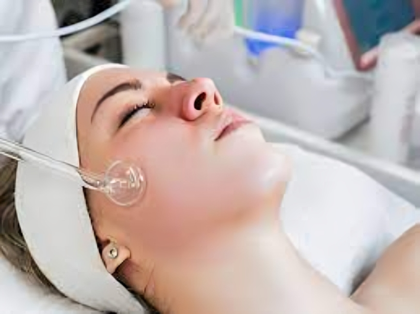 High frequency wand for hair growth treatment applied to client during spa therapy session