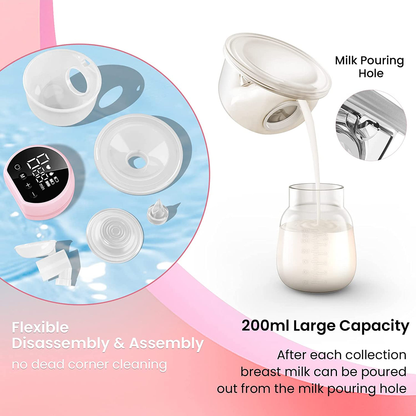hands-free electric breast pump with large capacity. 
