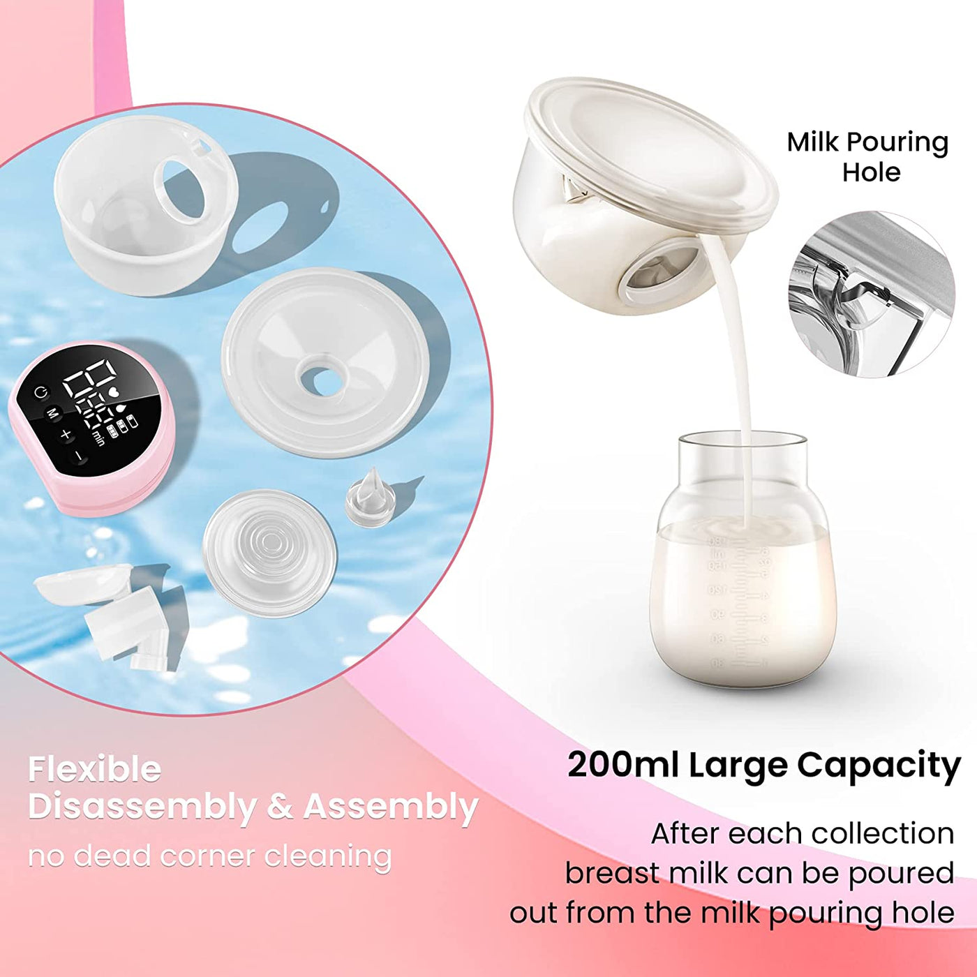 Wearable hands-free breast pump with 200ml milk collection, flexible parts, and easy cleaning